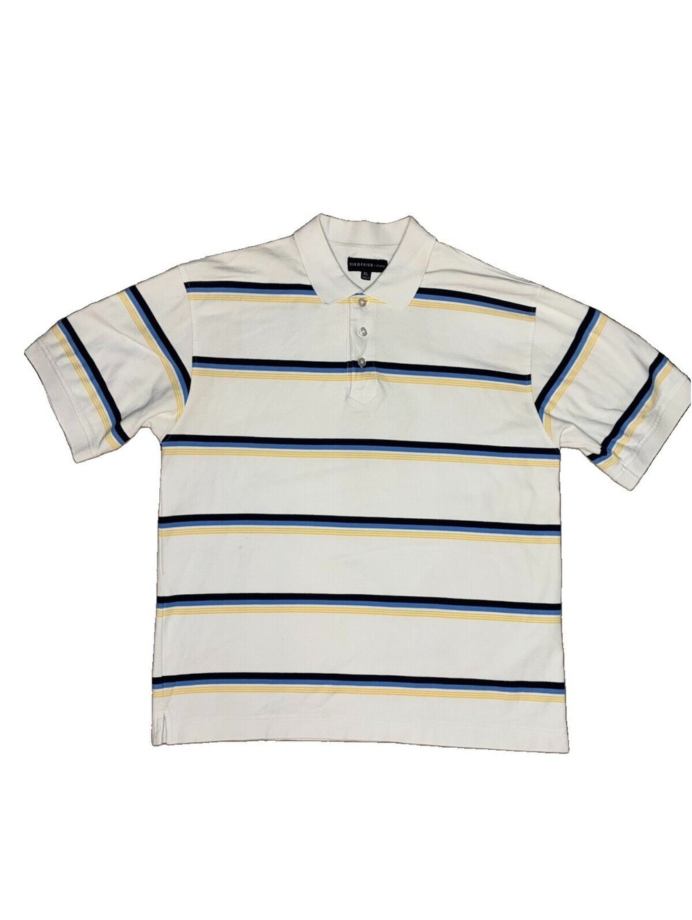 White Siegfried & Co. Polo Shirt With Horizontal Navy, Yellow, Blue Stripes XL